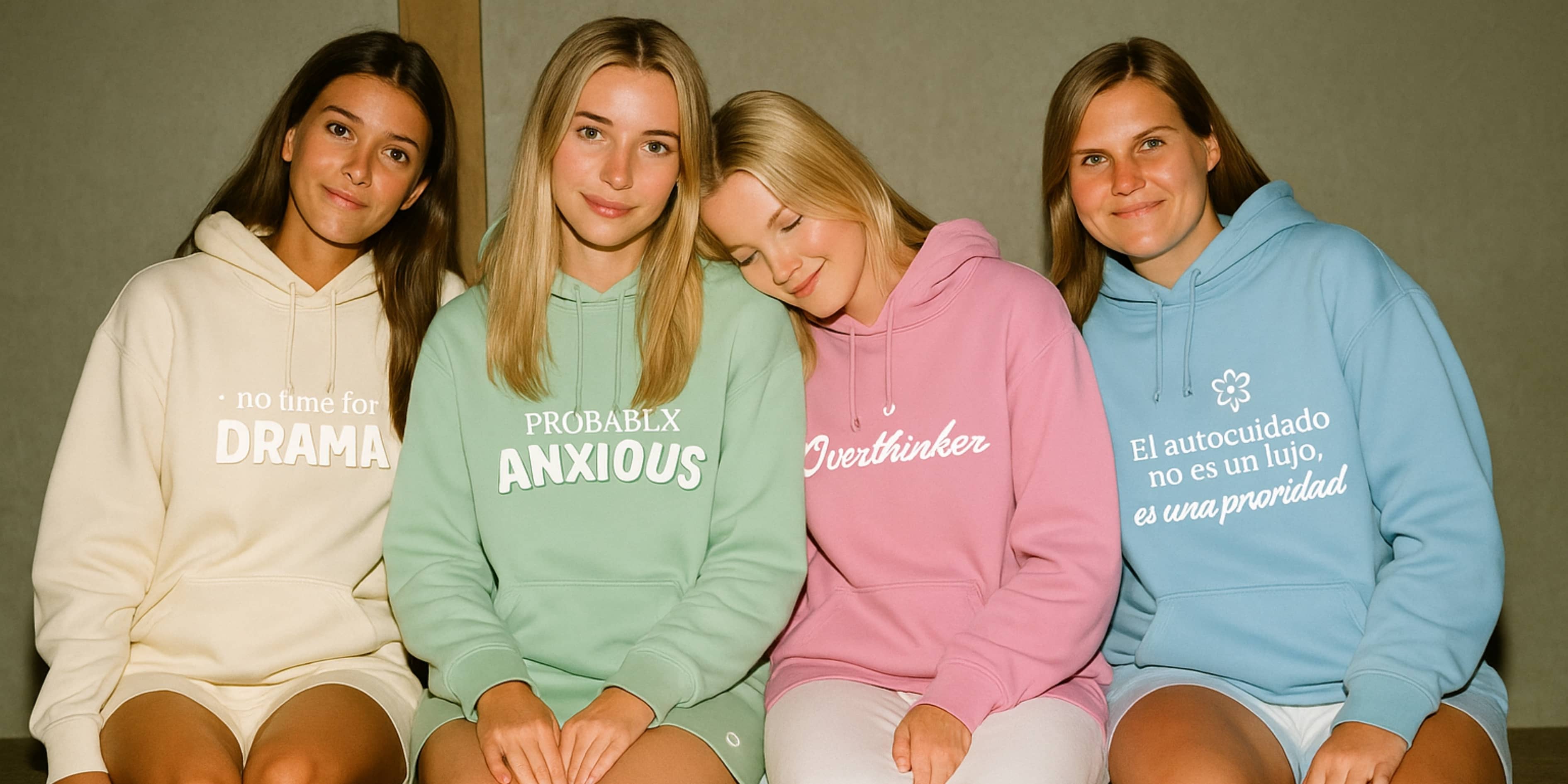 Mujeres jovenes usando hoodie NARA en entorno cálido, luz natural, con expresión serena.