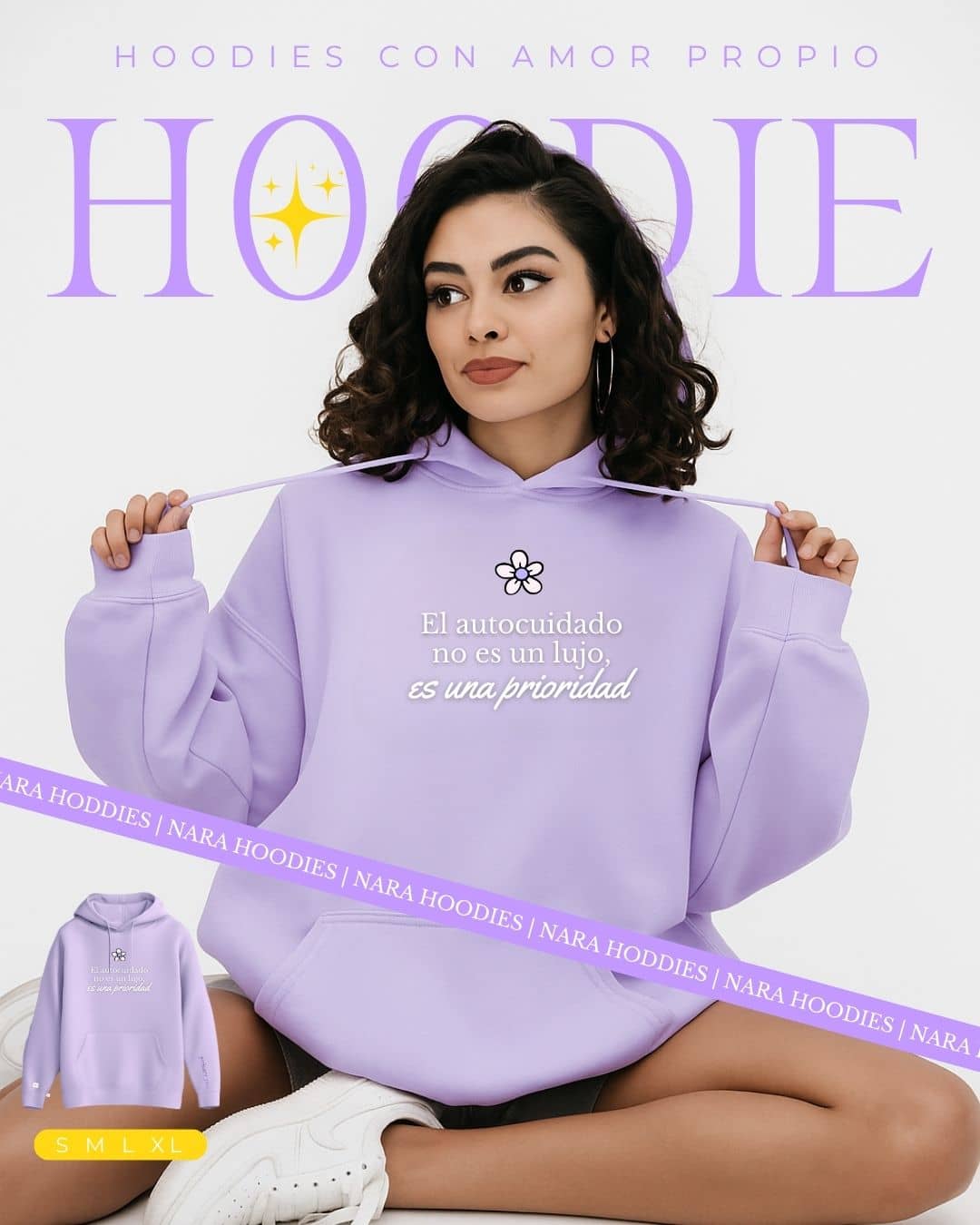Mujer usando hoodie NARA “El autocuidado no es un lujo”, ambiente acogedor – imagen 5