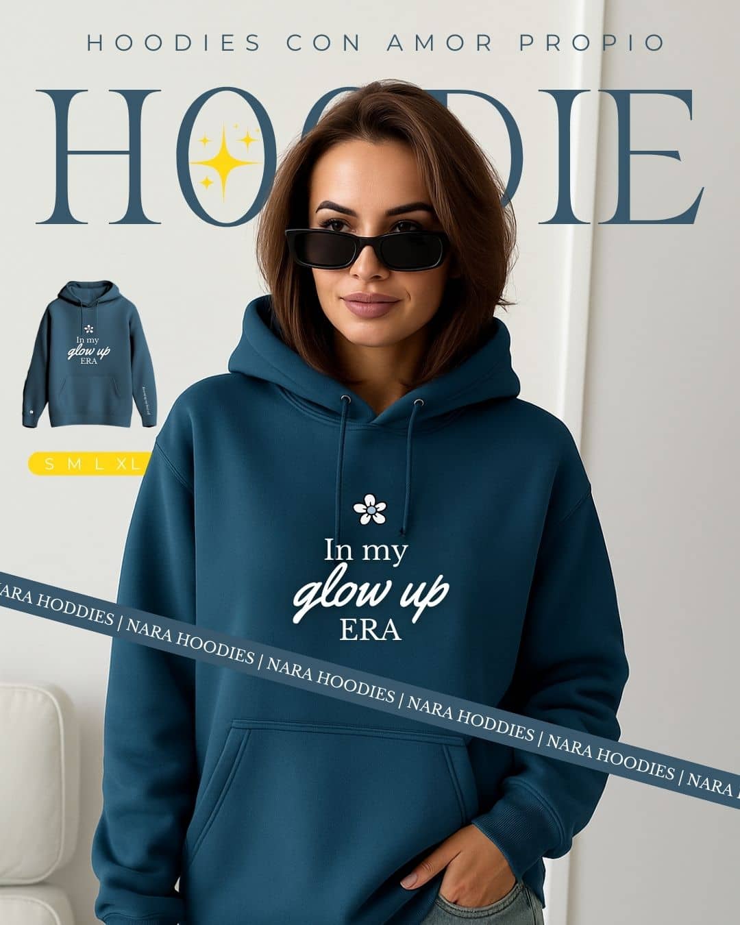 Mujer usando hoodie NARA “In my glow up era”, estilo suave y energético – imagen 5