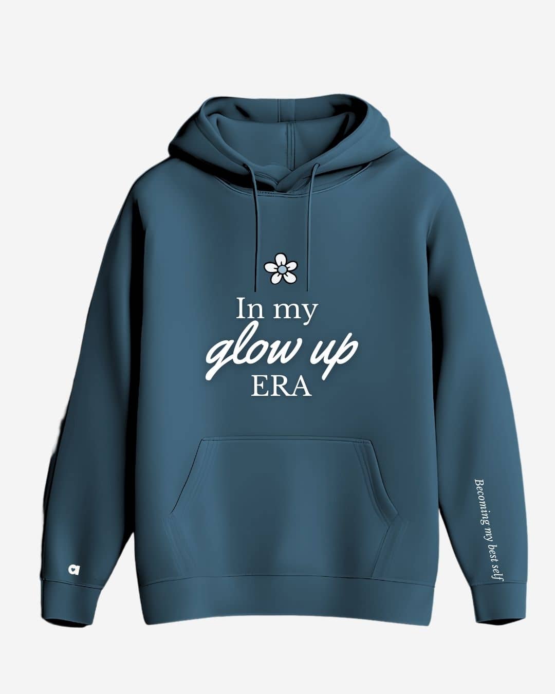 Mujer usando hoodie NARA “In my glow up era”, estilo suave y energético – imagen 6