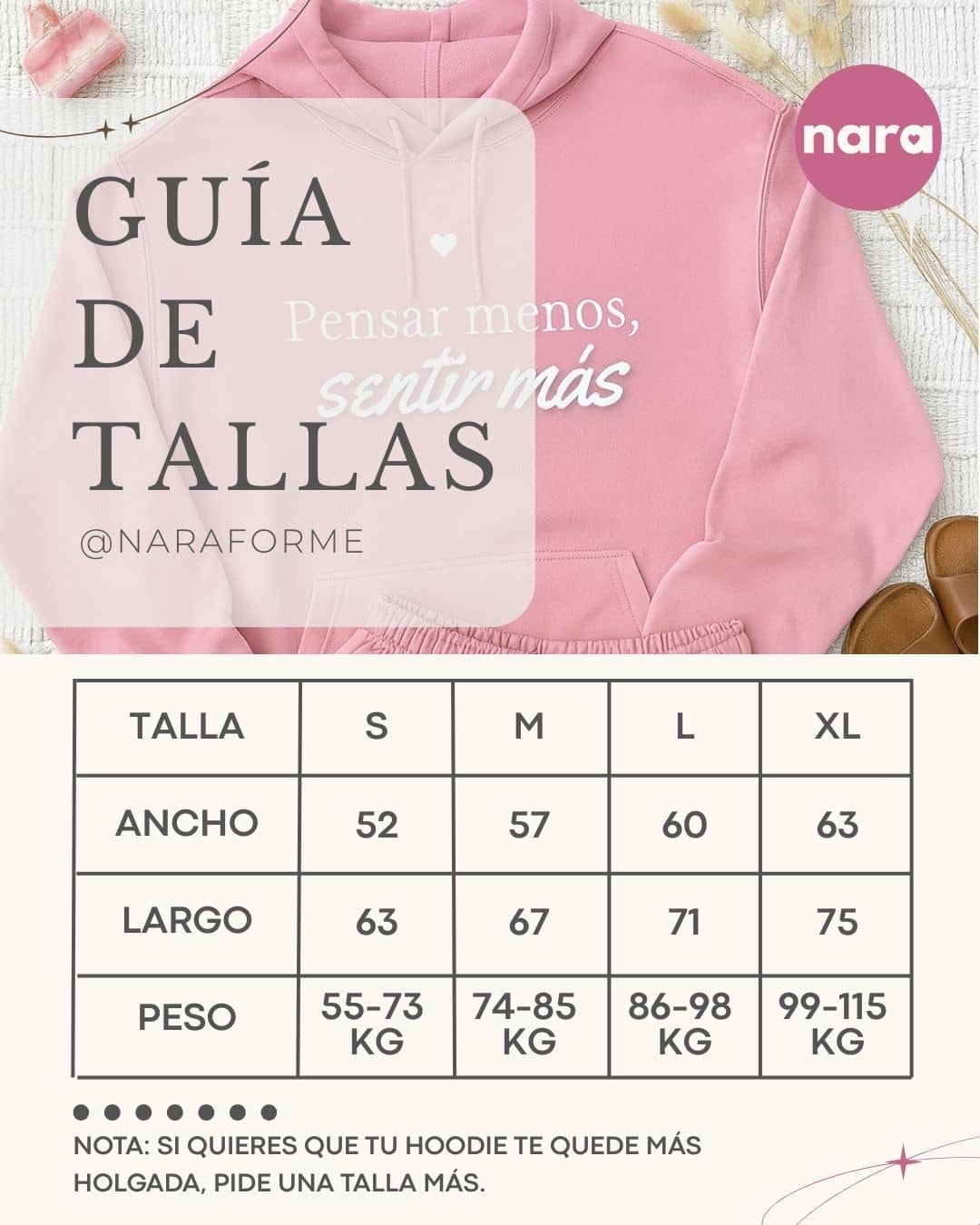 Guía de tallas hoodie NARA Vol. 01 – medidas, peso sugerido y recomendación de talla holgada