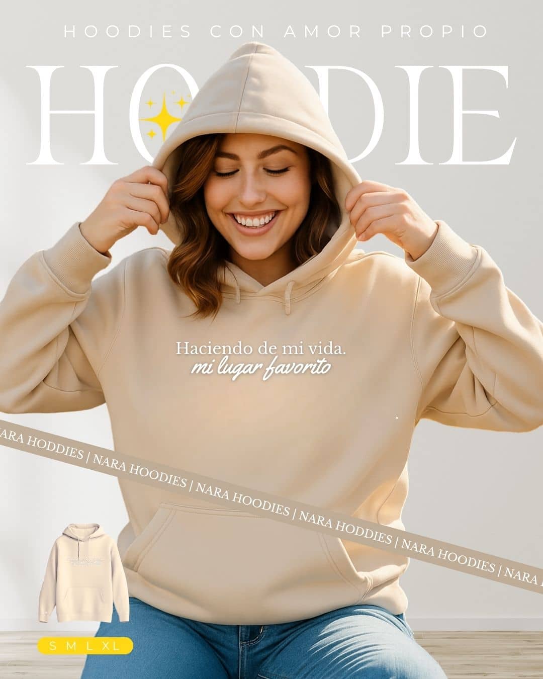 Mujer usando hoodie NARA “Haciendo de mi vida mi lugar favorito”, ambiente íntimo – imagen 4