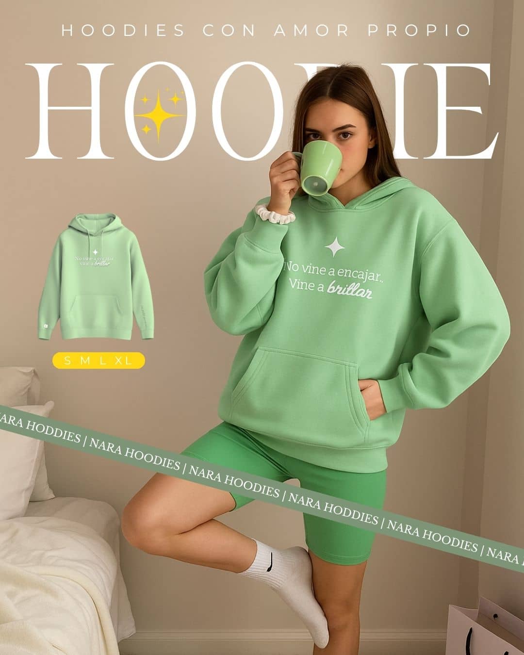 Mujer usando hoodie NARA “No vine a encajar”, pose empoderada y segura – imagen 4