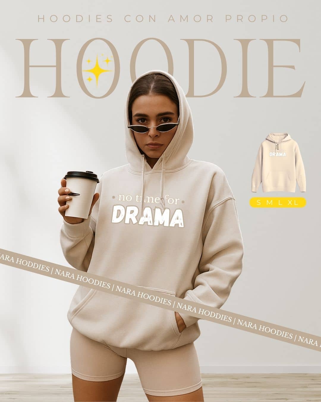 Modelo con hoodie NARA “No time for drama”, expresión firme y relajada – imagen 4