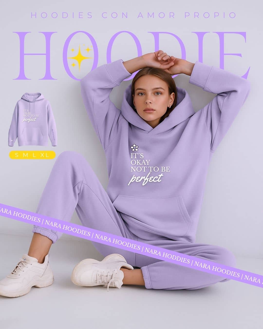 Modelo con hoodie NARA “It’s OK not to be perfect”, luz suave y gesto tranquilo – imagen 4