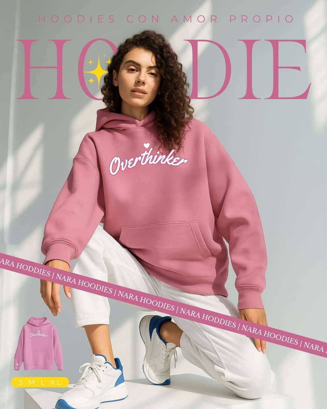 Chica joven con hoodie NARA “Overthinker”, expresión natural y look casual – imagen 4