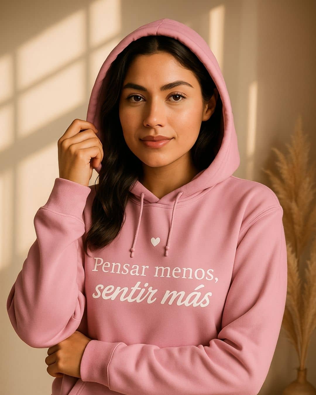 Mujer usando hoodie NARA “Pensar menos, sentir más”, fondo neutro, estilo relajado – imagen 3